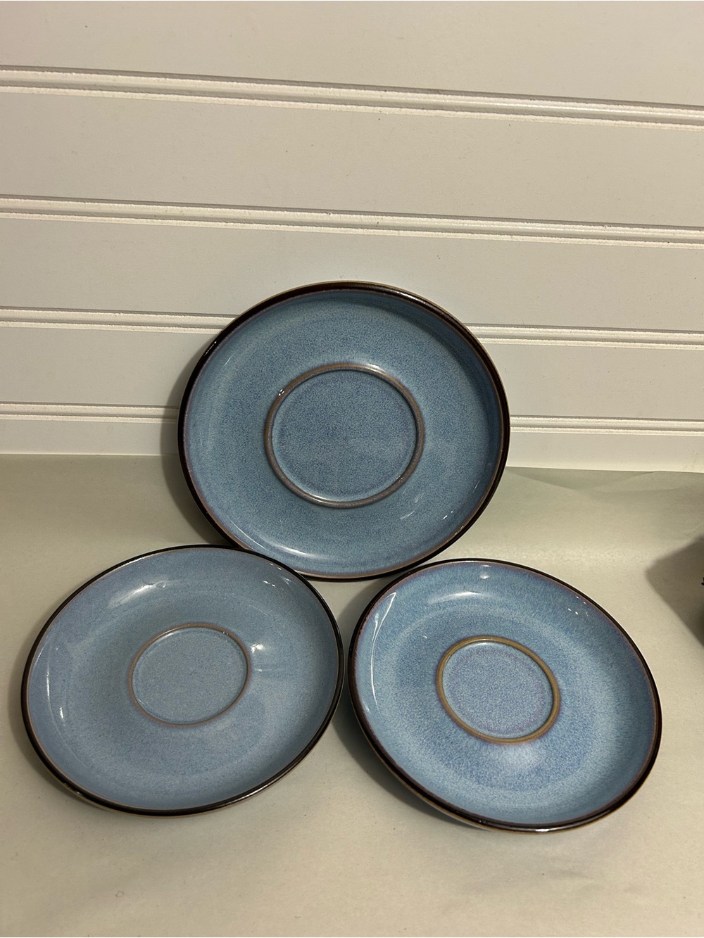 Denby Langley Corfu blue and rust 3 pcs China 2 saucers and soup under plate
